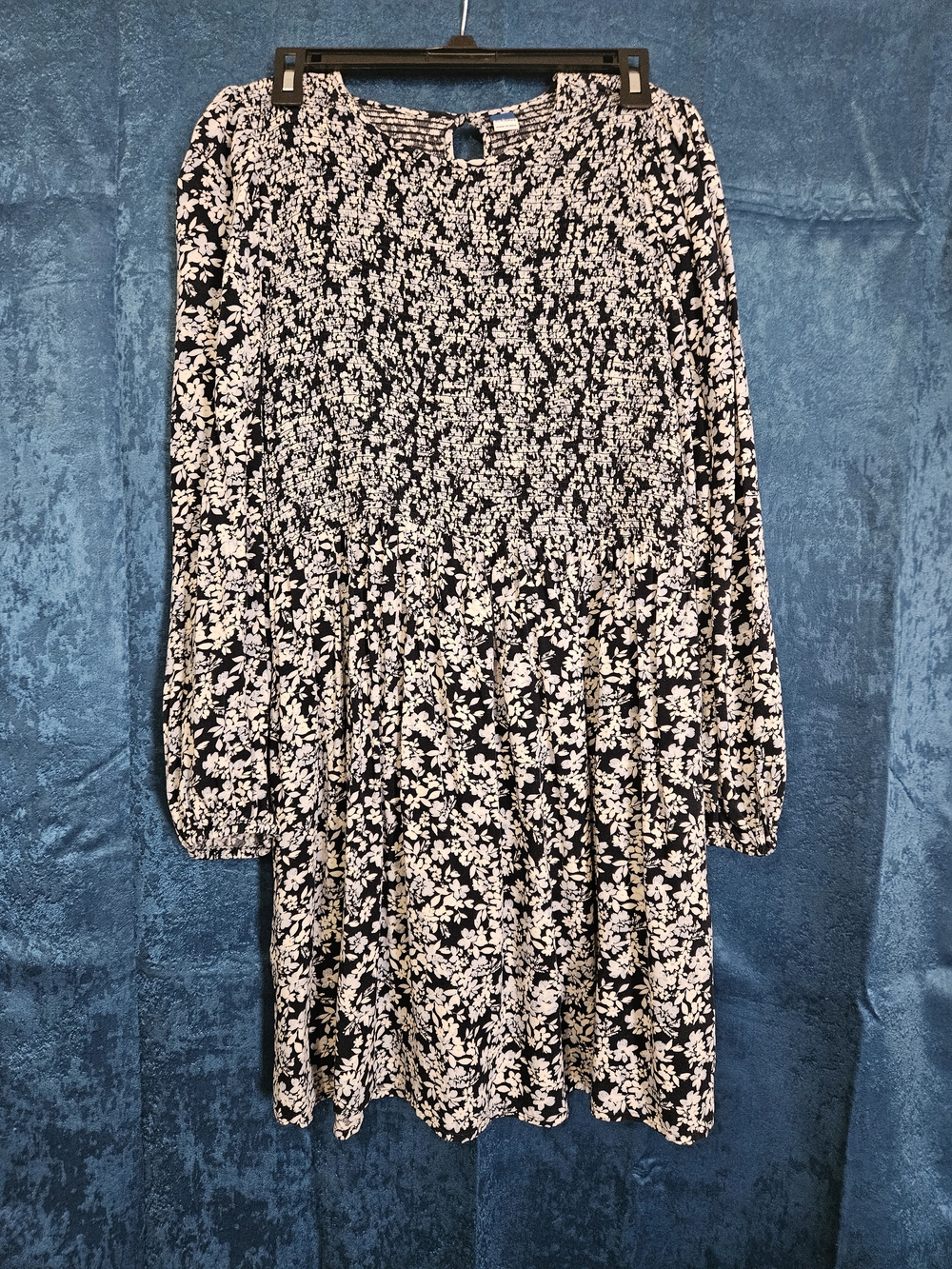 Old Navy Black Floral Long-Sleeve Smocked Mini Dress